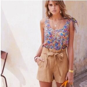 Sézane Zoe Flowy Paperbag Waist Shorts, Camel High Waist Tie Belt, Sz FR 36/US 4